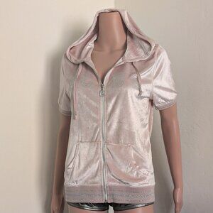 BCBG PINK Velvet Short Sleeve HOODIE - LARGE